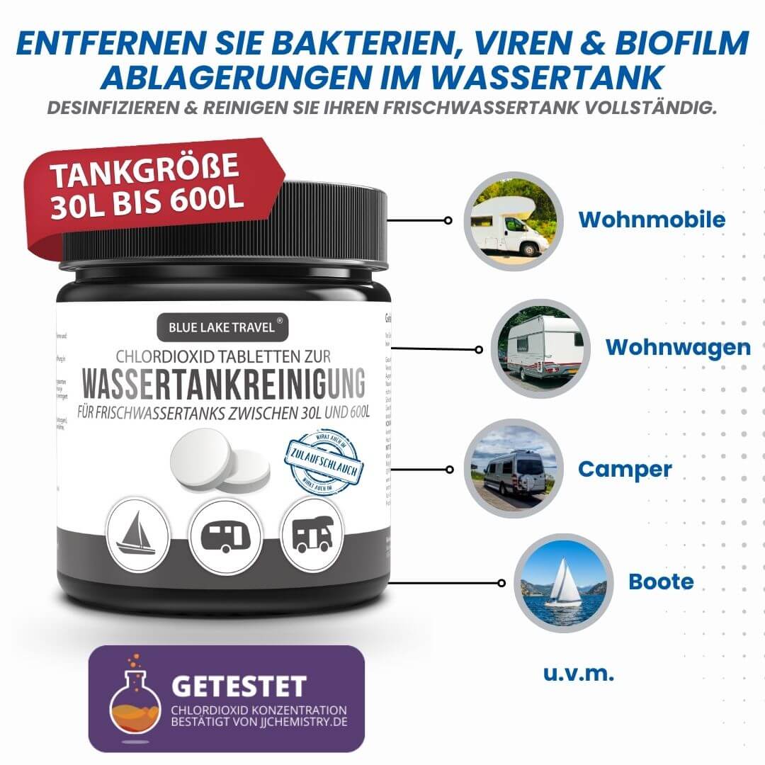 Wassertank Reiniger Wohnmobil CLO600 (10x20g) - Frischwassertank Reiniger – hochwirksamer Tankreiniger mit Chlordioxid für Tank & Wasserleitung